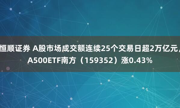 恒顺证券 A股市场成交额连续25个交易日超2万亿元，A500ETF南方（159352）涨0.43%